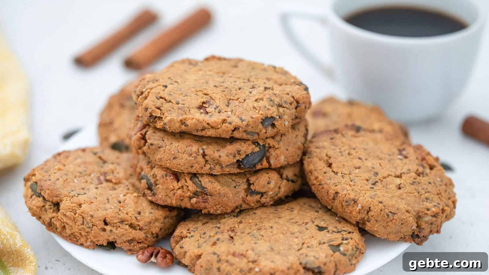Seed and nut butter cookies on plate served with coffee.