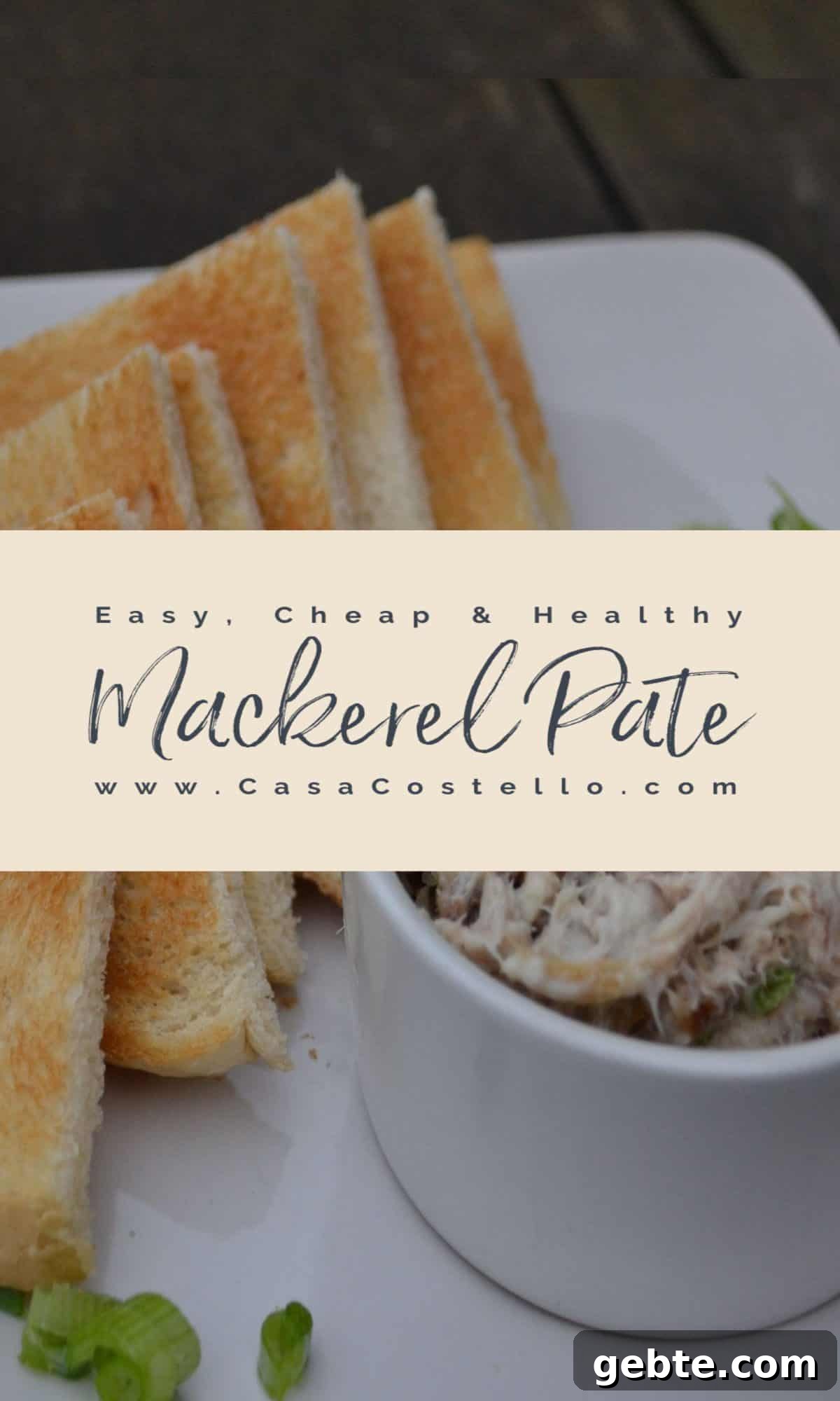 title page for mackerel pate with the pate in the background in a white bowl on a white plate, toast in triangles is stacked next to it and chopped spring onions are scattered on the plate