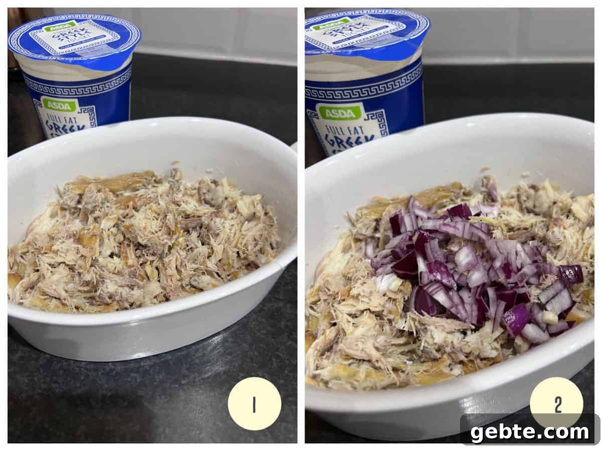 first 2 steps in how to make mackerel pate showing the mackerel being shredded in a white oval bowl and the red onions being added afterwards