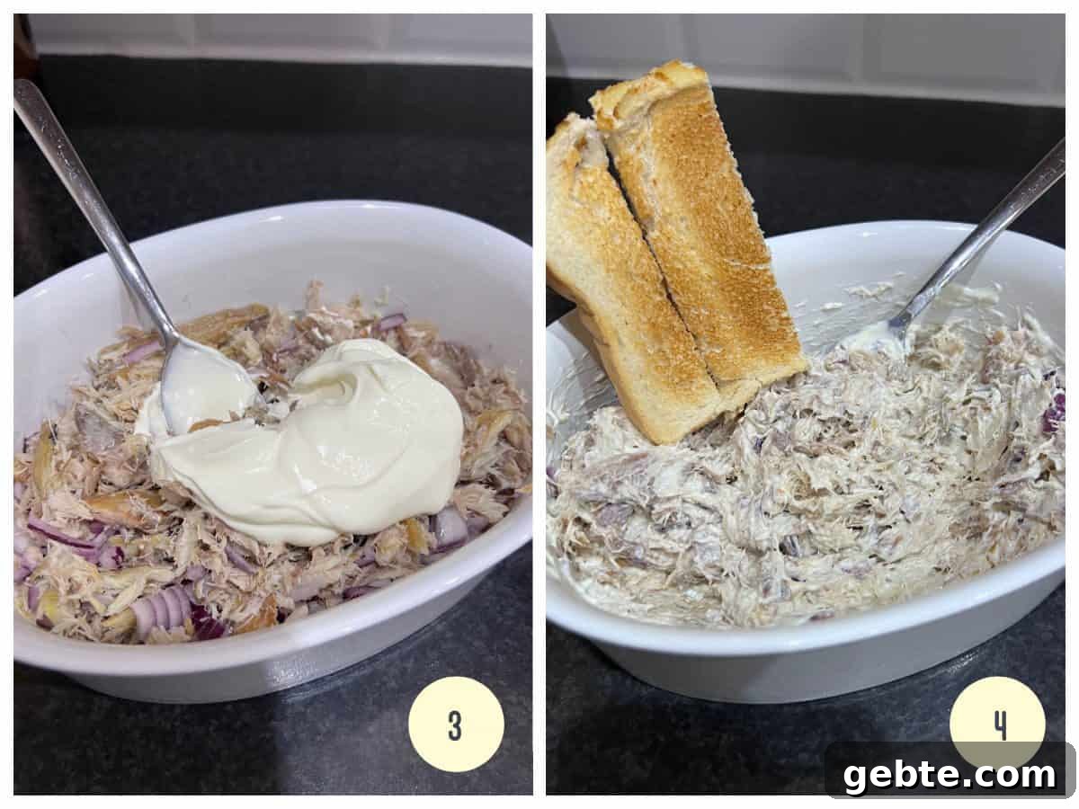 the final steps in making smoked mackerel pate showing the natural yogurt being added to the shredded mackerel in a white oval bowl and then the pate being served with toast