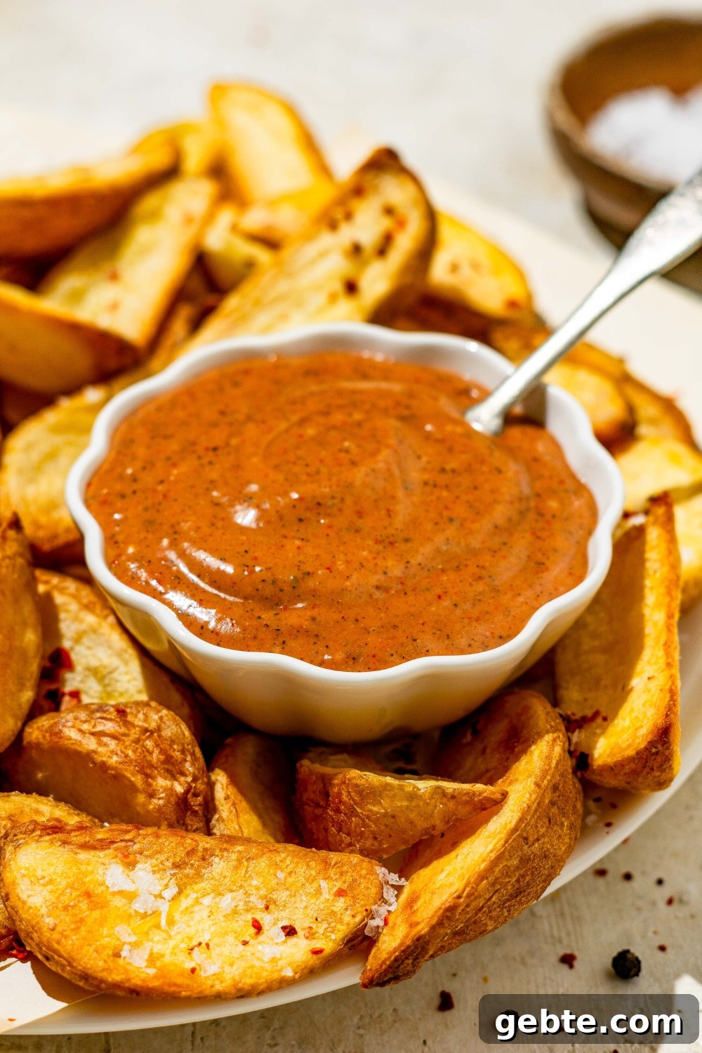A small bowl of copycat Zaxby's sauce on a plate with wedge fries. There is a spoon in the sauce. The plate is on a tan counter with a small bowl of salt.