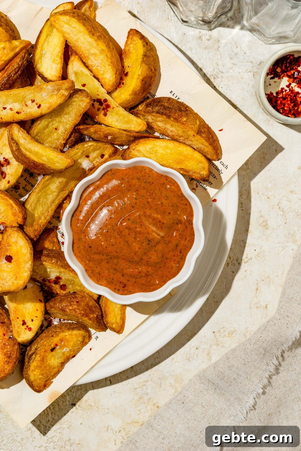 A small of Zaxby's sauce on a paper lined plate with wedge fries. The plate is on a tan counter with a small bowl of garnishes.