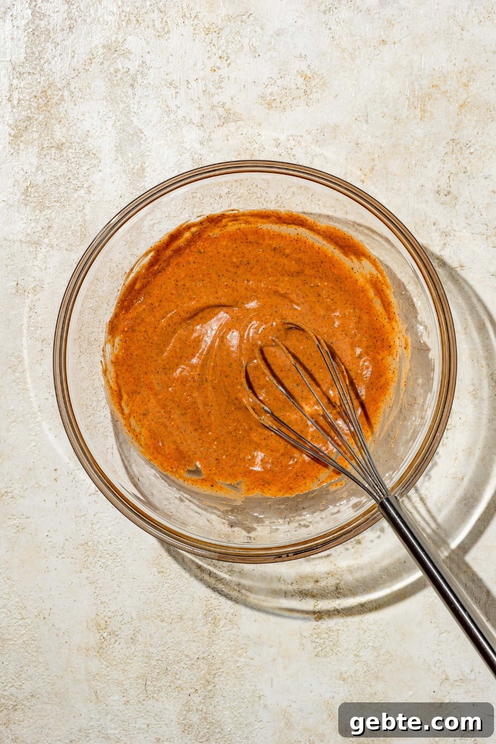 A glass bowl with a whisk mixing copycat Zaxby's sauce. The bowl is on a tan counter.