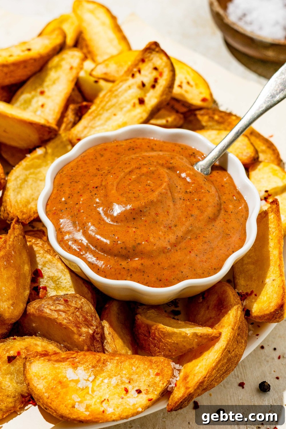 A small bowl of copycat Zaxby's sauce on a plate with wedge fries. There is a spoon in the sauce. The plate is on a tan counter with a small bowl of salt.