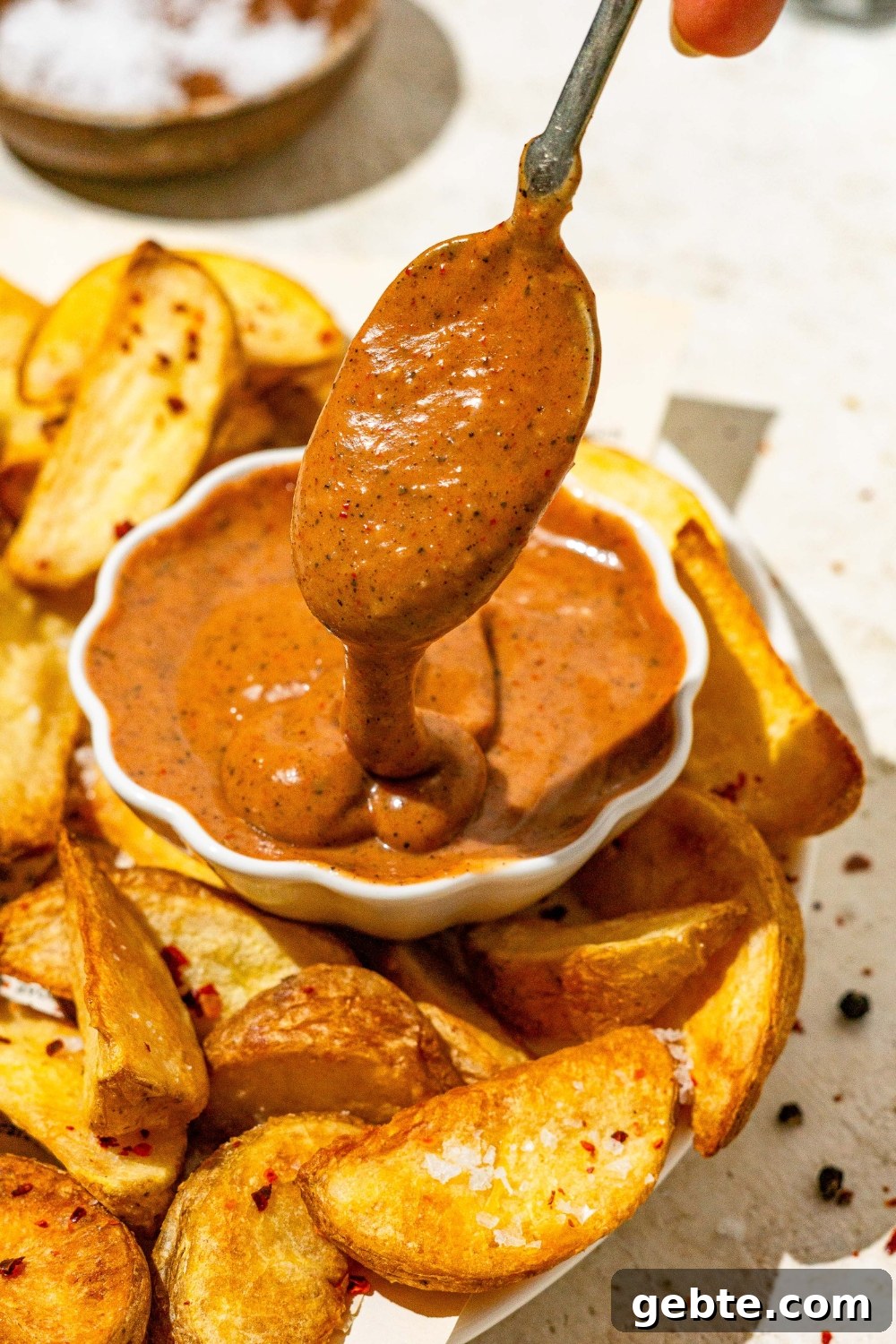 A small bowl of copycat Zaxby's sauce on a plate with wedge fries. There is a spoon dipping into the sauce. The plate is on a tan counter with a small bowl of salt.