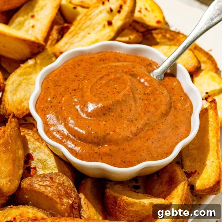 A small bowl of copycat Zaxby's sauce on a plate with wedge fries. There is a spoon in the sauce. The plate is on a tan counter with a small bowl of salt.