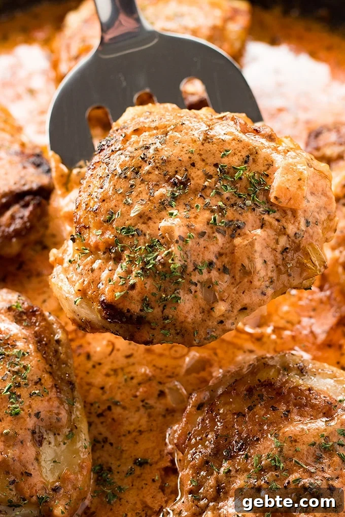 A metal spatula holds up a piece of skin-on chicken thigh that is coated in a reddish-orange sauce. Out of focus in the background is a pan with more chicken thighs in the sauce.