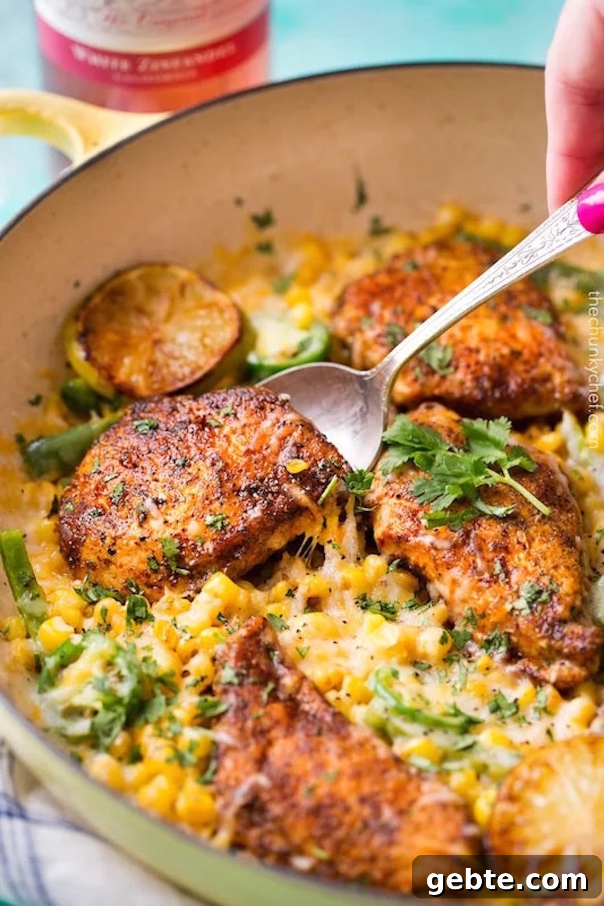 A spoon lifts a golden brown chicken breast out of a skillet that's filled with cheese corn and topped with chopped herbs.