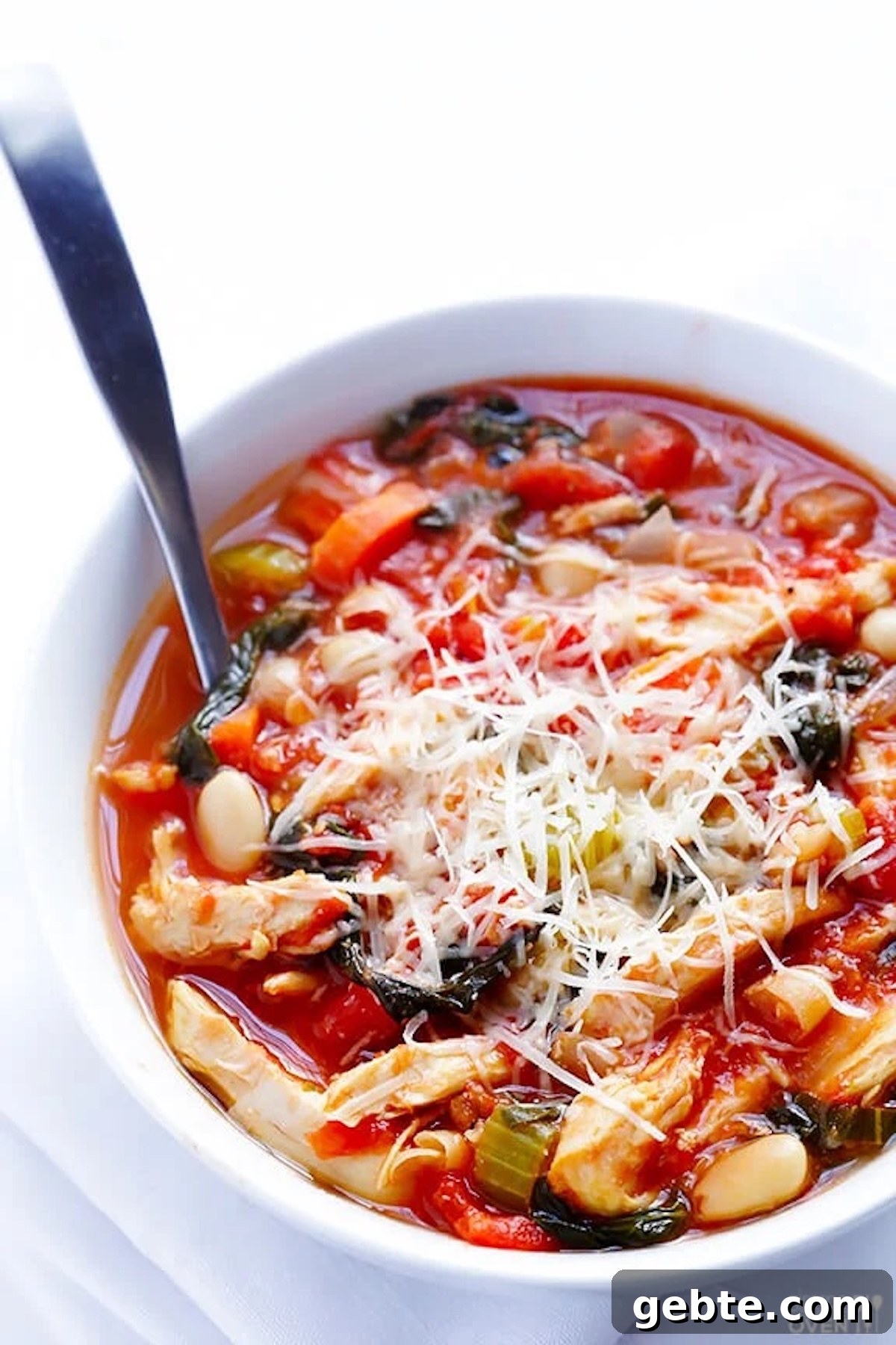 A white soup bowl is filled with red sauce stew that has visible pieces of chicken breast, white beans, celery, and spinach. It's topped with shredded white cheese.