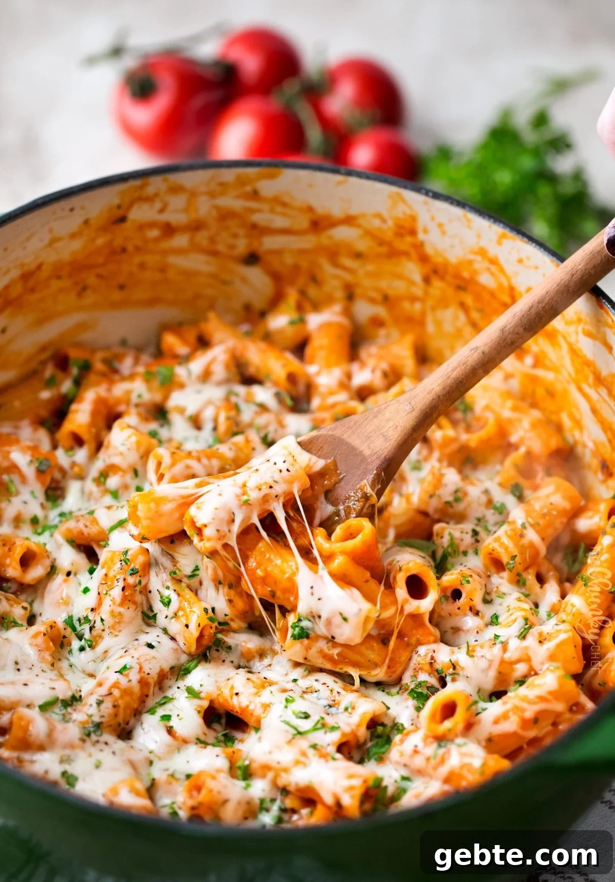A large pot filled with pasta coated in red sauce and melted mozzarella cheese.