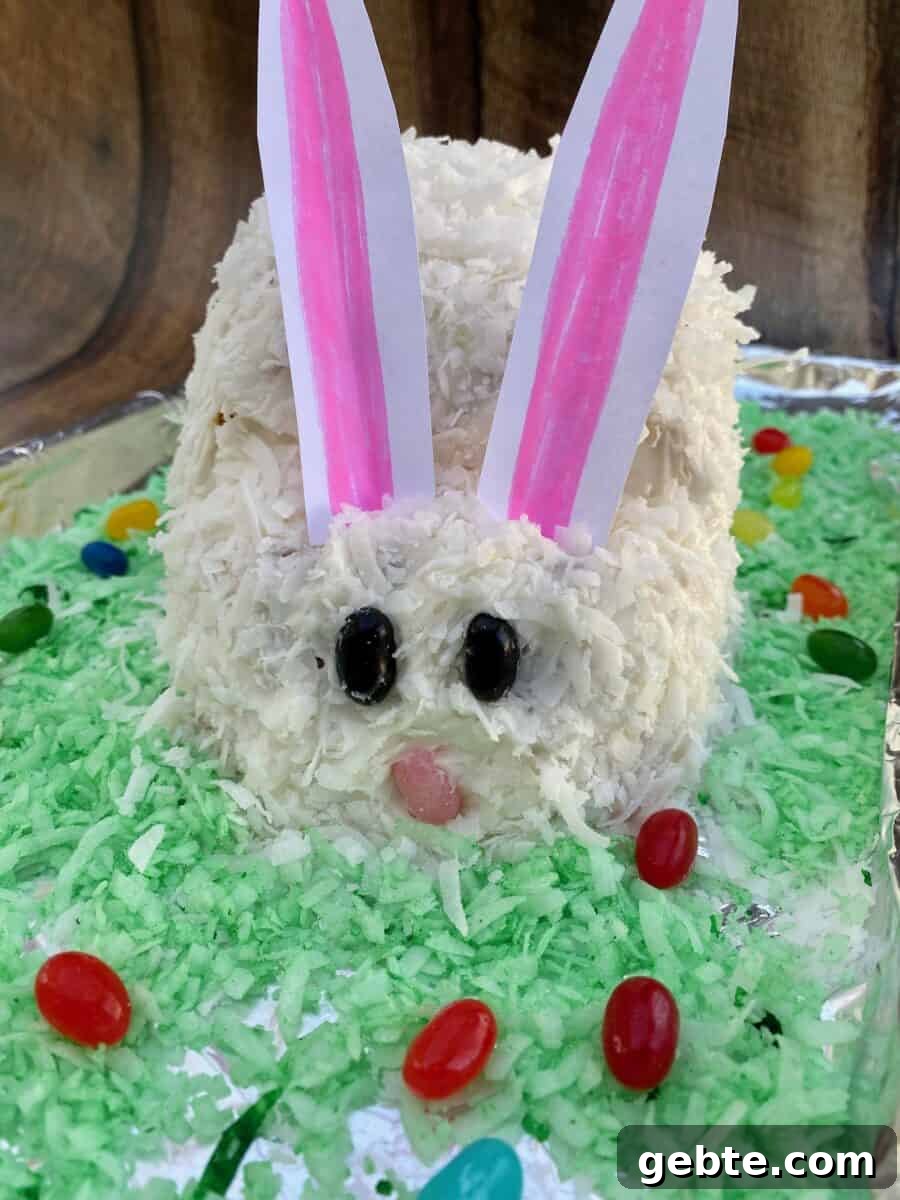 Bunny cake from the front, with paper ears sticking up.