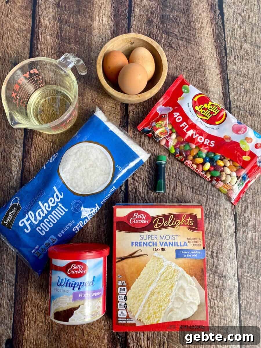 Ingredients for bunny cake spread out on a board.