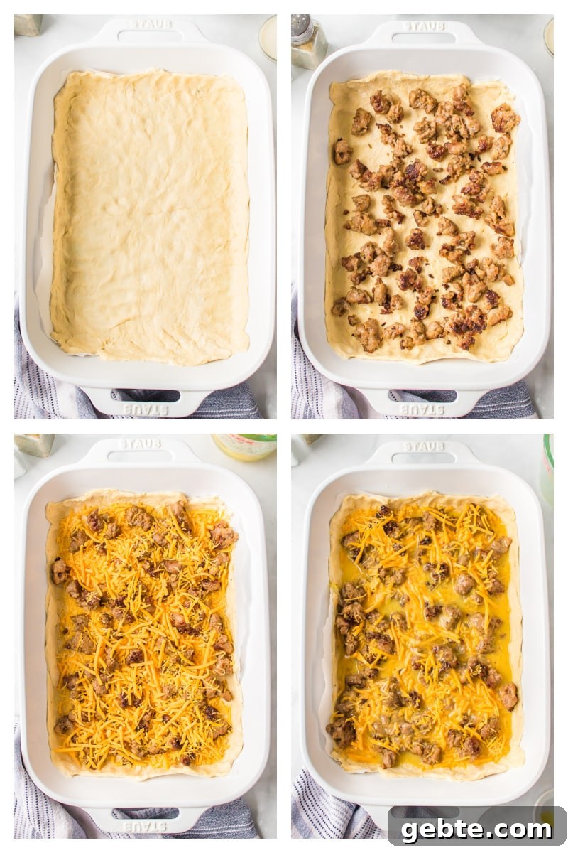 Assembly steps for Easy Brunch Casserole four photos showing assembly of easy brunch casserole in dish