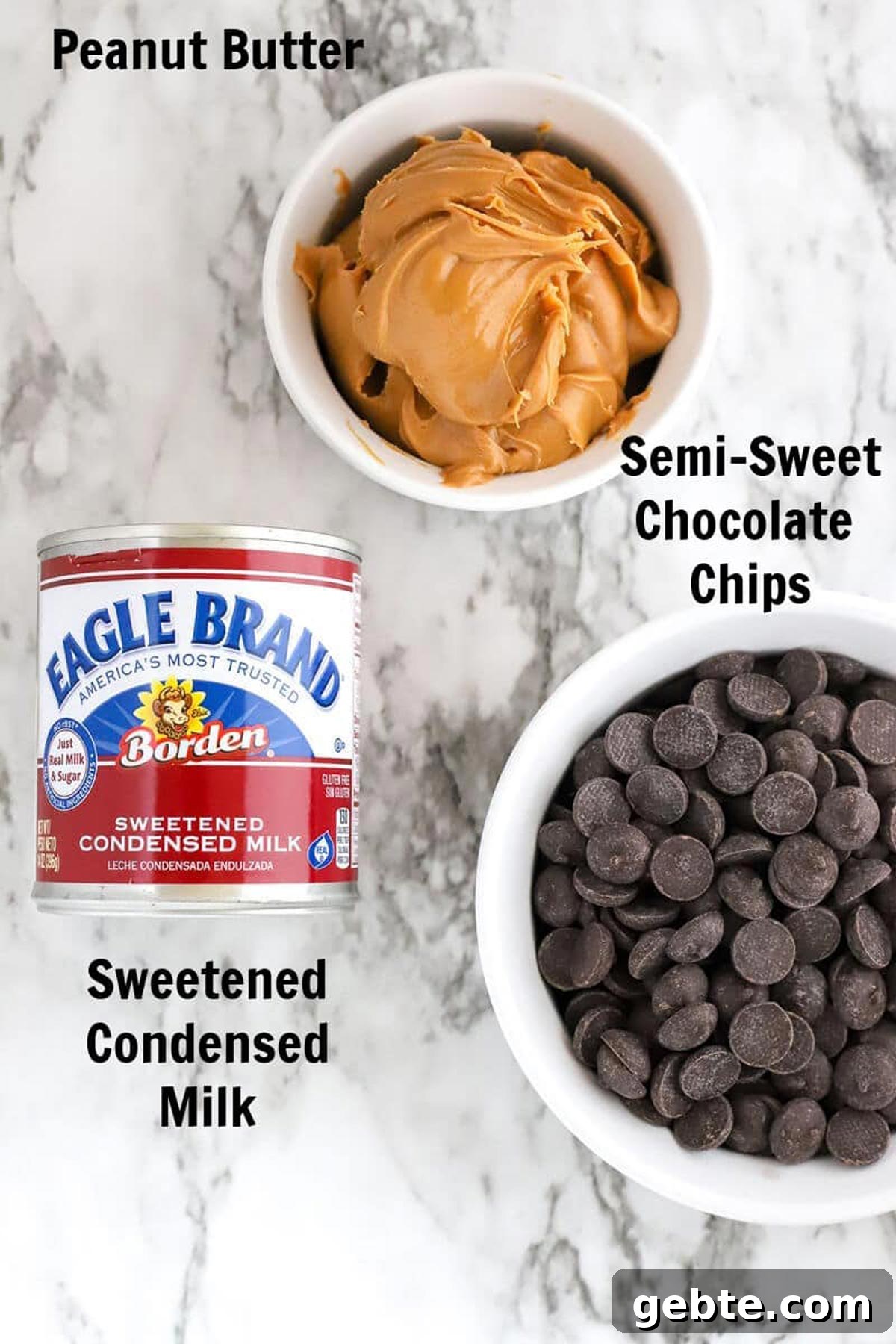 Sweetened Condensed milk, chocolate chips, and peanut butter on a counter.