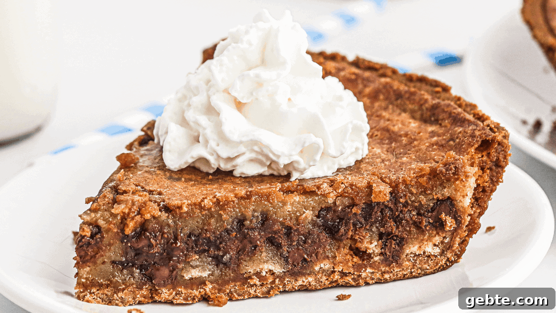 slice of chocolate chip pie with a swirl of whipped cream on top served on a white plate