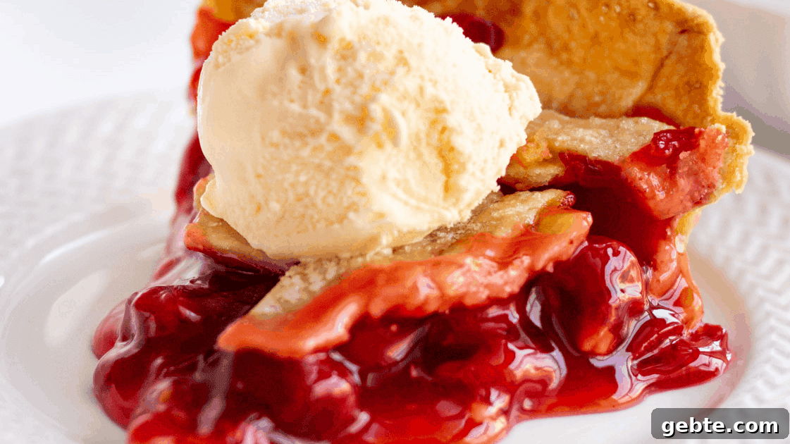 slice of cherry pie with a scoop of vanilla ice cream on top