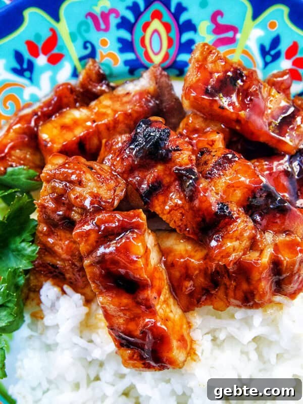 colorful plate of Filipino grilled pork belly and rice.