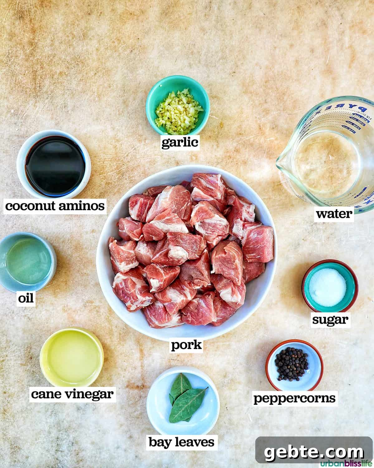 bowls of individual ingredients to make Filipino pork adobo.