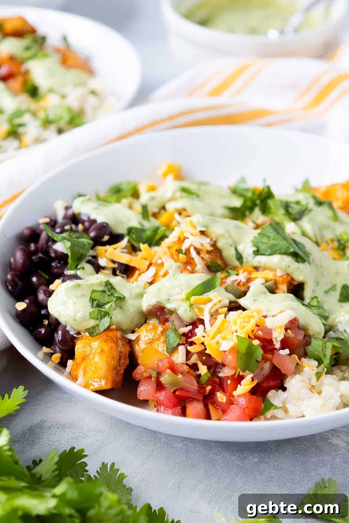 Southwest chicken rice bowls with pico de gallo, cilantro lime rice, black beans, corn, cheese, and avocado dressing