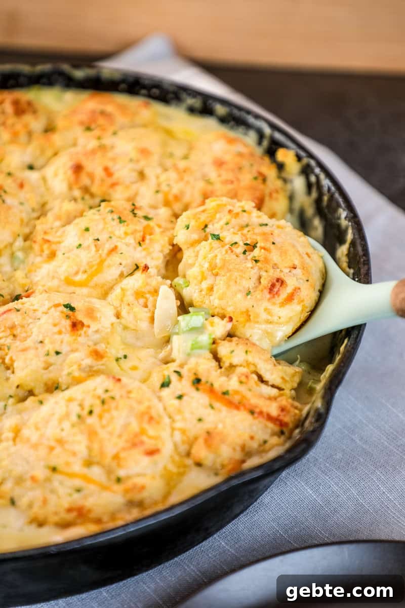 Cheddar Bay Biscuit Topped Chicken Pot Pie 2 A spoon lifting out a serving of cheddar bay biscuit pot pie with chicken and vegetables.