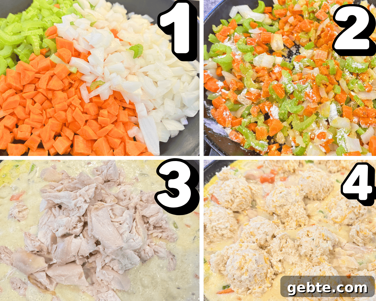 Cheddar Bay Biscuit Topped Chicken Pot Pie 4 A 4-image collage showing how to cook vegetables, make a roux, make a sauce, and top a pot pie with biscuits.