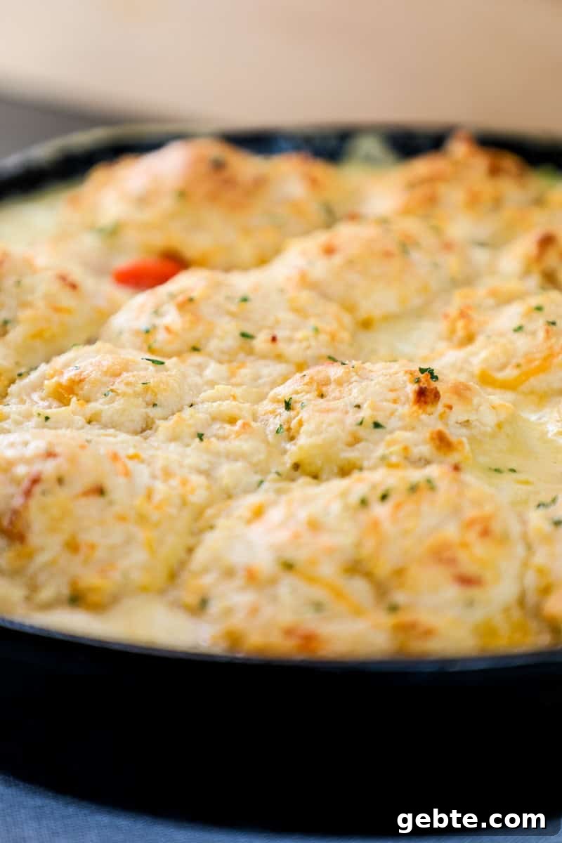 Cheddar Bay Biscuit Topped Chicken Pot Pie 5 A closeup of a chicken pot pie topped with a cheddar bay biscuit topping.
