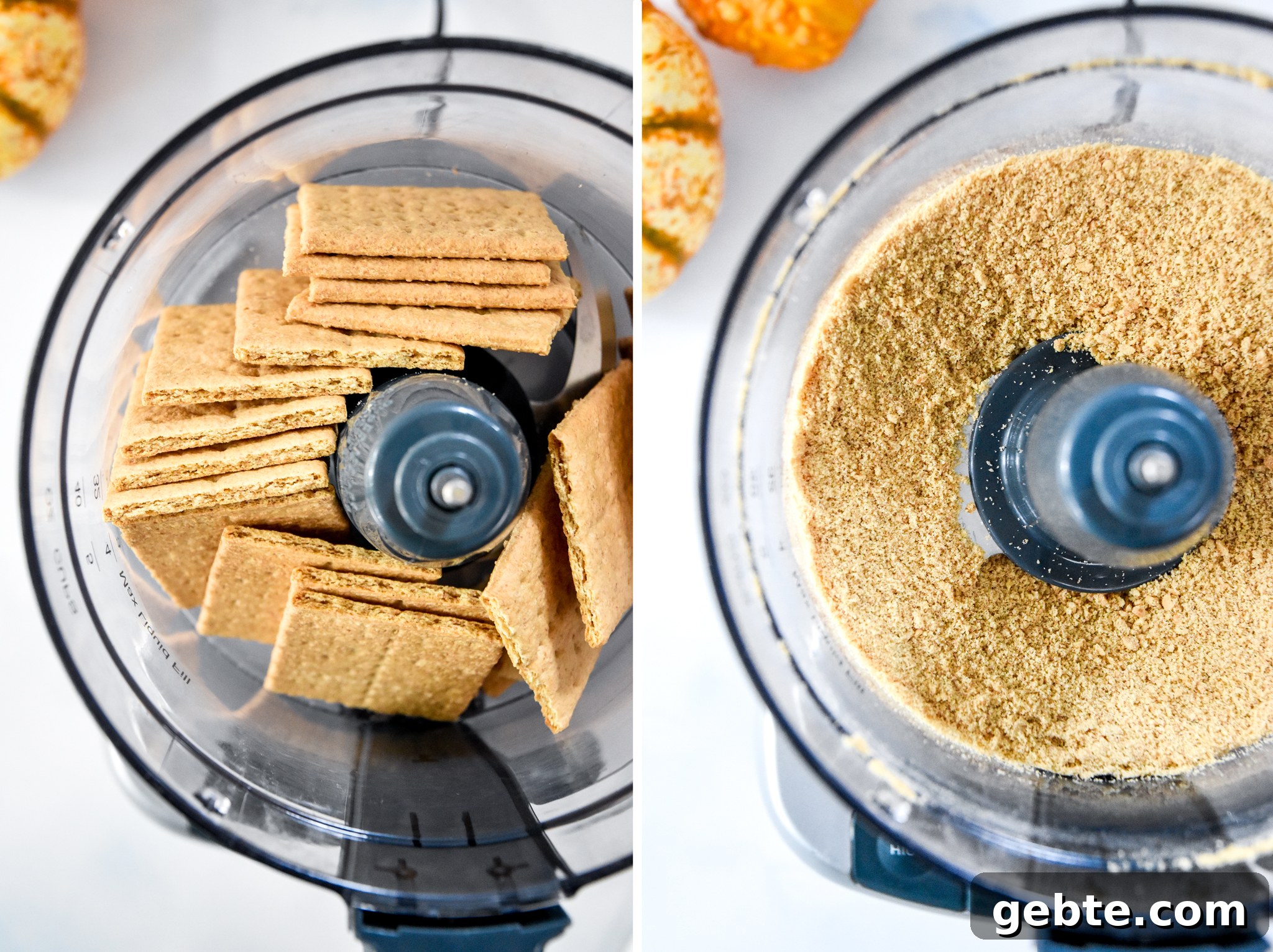 No-Bake Pumpkin Pie Date Balls: Fall Snack Recipe 7 a collage showing processed graham crackers in a food processor.