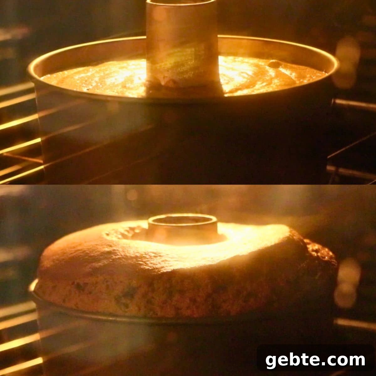 pumpkin chiffon cake before and after rising in the oven