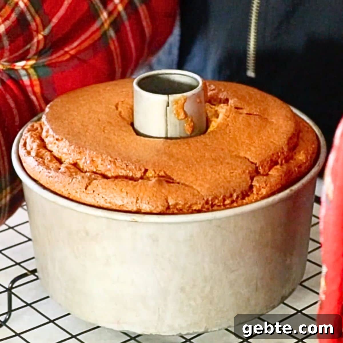 homemade pumpkin chiffon cake on a cooling rack, just came out of the oven.