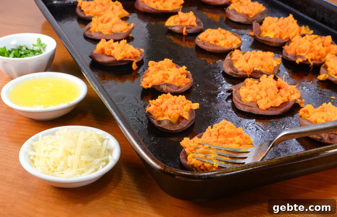 Garlic Butter Smashed Sweet Potatoes with Parmesan