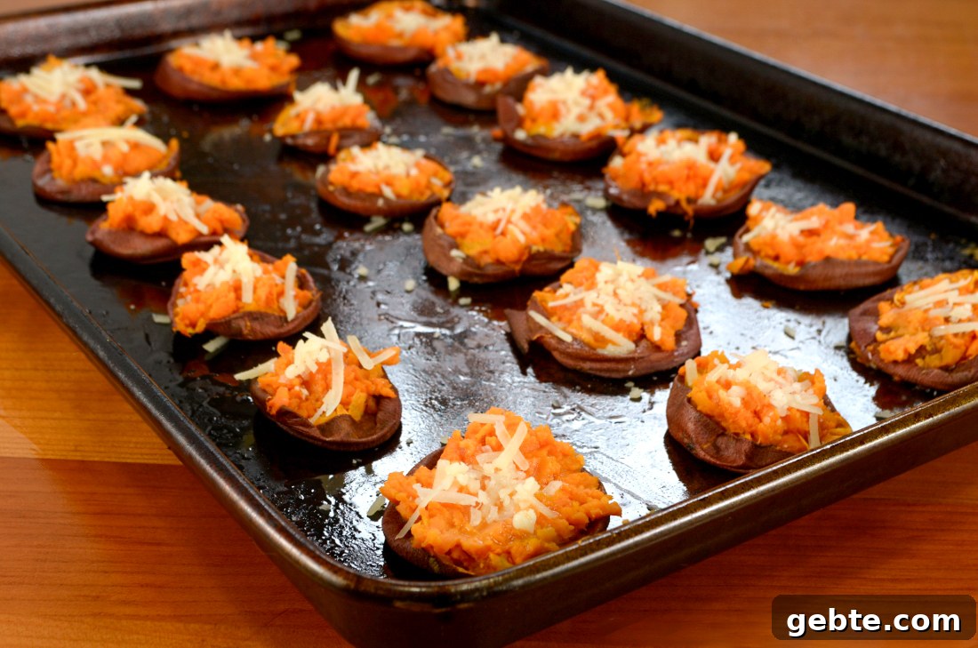 Garlic Butter Smashed Sweet Potatoes with Parmesan