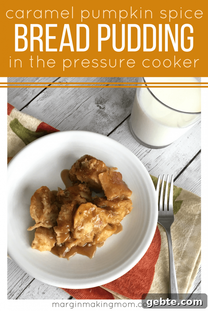 Pressure Cooker Caramel Pumpkin Spice Bread Pudding 2 Caramel pumpkin spice bread pudding made in a pressure cooker, warm and decadent