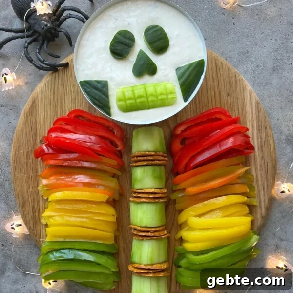 A Halloween-themed skeleton veggie platter with various colored bell pepper ribs, cucumber spine, pretzel joints, and a dip bowl skull with cucumber features. A plastic spider adds spooky fun in the background.
