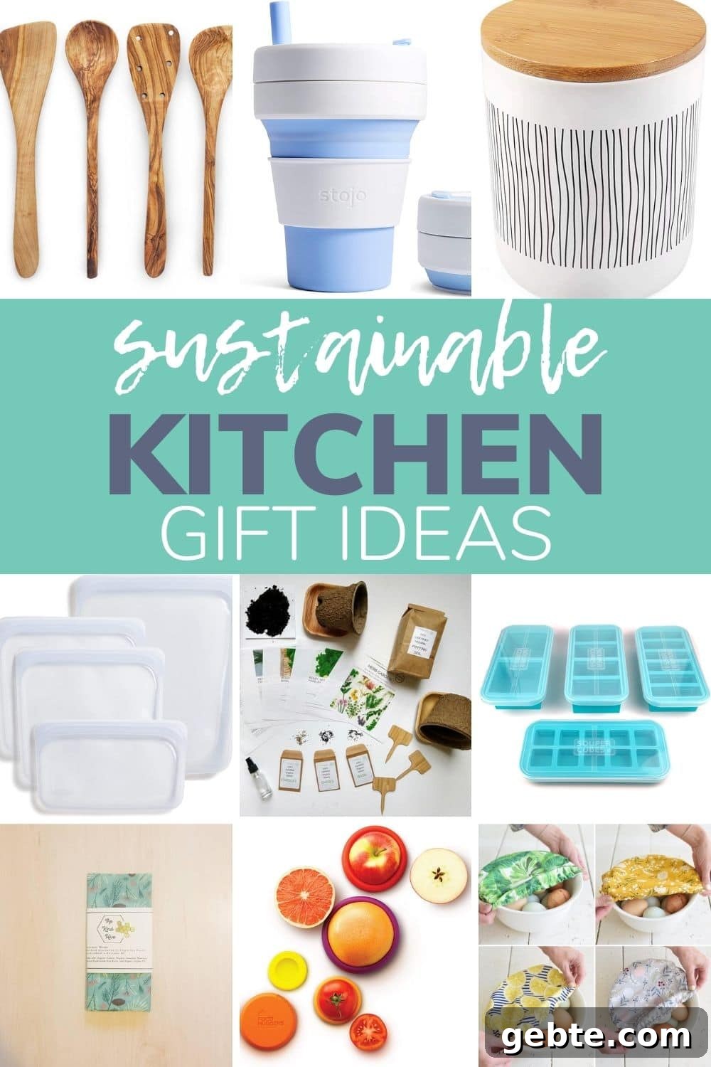 Eco-Friendly Kitchen Gifts for Home Cooks 2 Collage of eco-friendly kitchen products with text overlay "Sustainable Kitchen Gift Ideas"