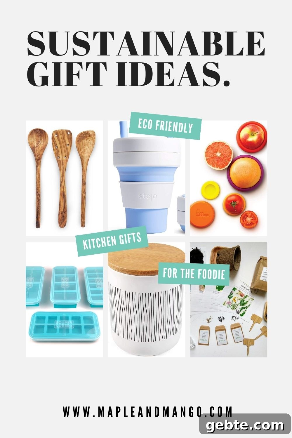 Eco-Friendly Kitchen Gifts for Home Cooks 4 Collage graphic for Pinterest with text overlay "Sustainable Gift Ideas"