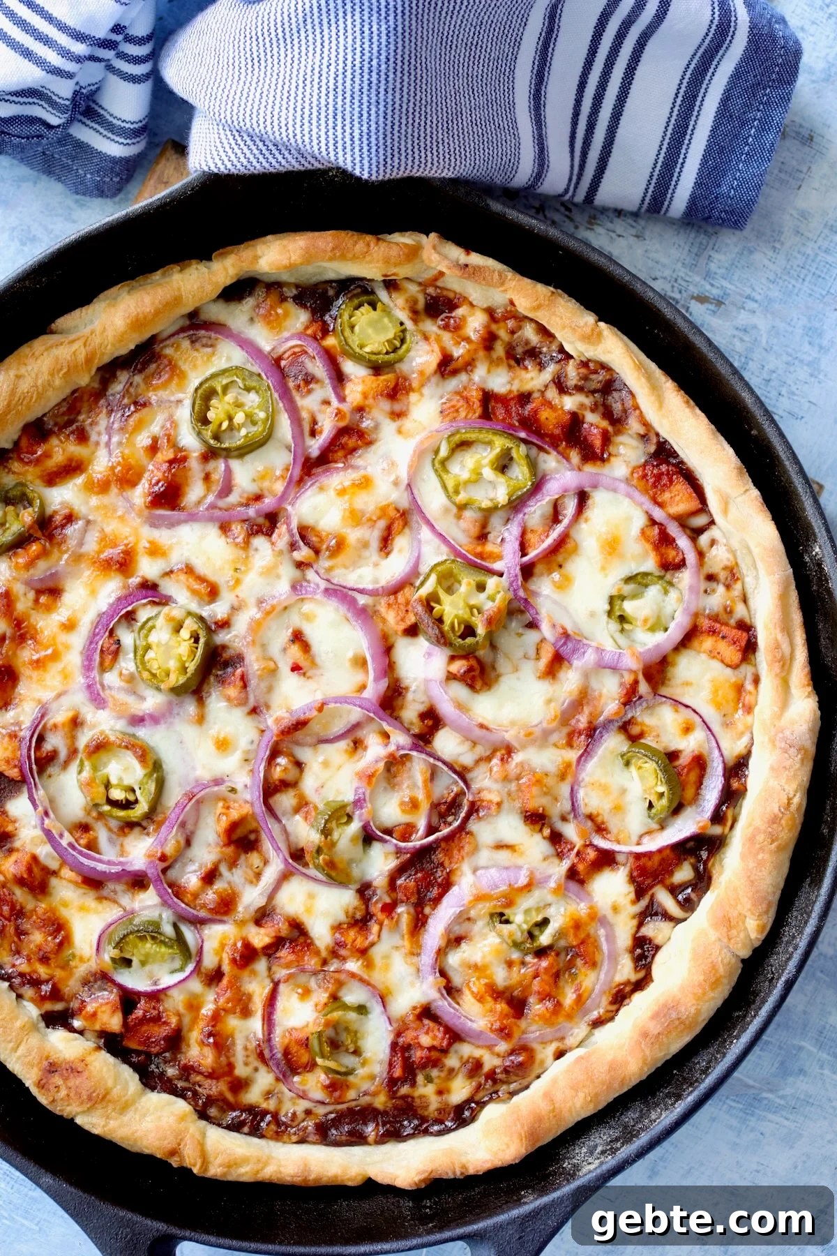 Crispy Cast Iron Skillet Pizza with Cheesy Crust 3 Whole Cast Iron Skillet Pizza in black cast iron skillet.