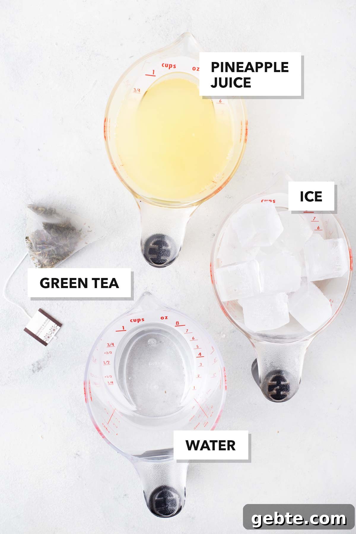 Pineapple Iced Tea Recipe — Tropical Summer Drink 4 Ingredients for Pineapple Iced Tea measured in cups and bowls.