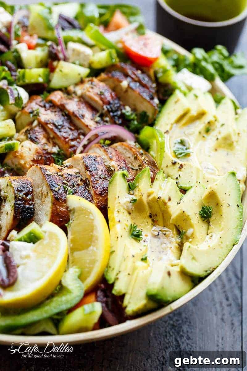 Greek Chicken Salad with Feta, Olives and Lemon Dressing 12 Side view of Loaded Greek Chicken Avocado Salad