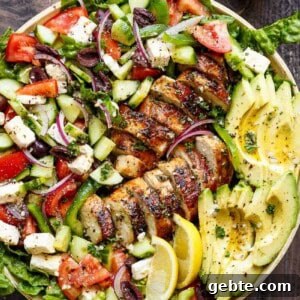 Greek Chicken Salad with Feta, Olives and Lemon Dressing 13 Loaded Greek Chicken Avocado Salad on a huge plater