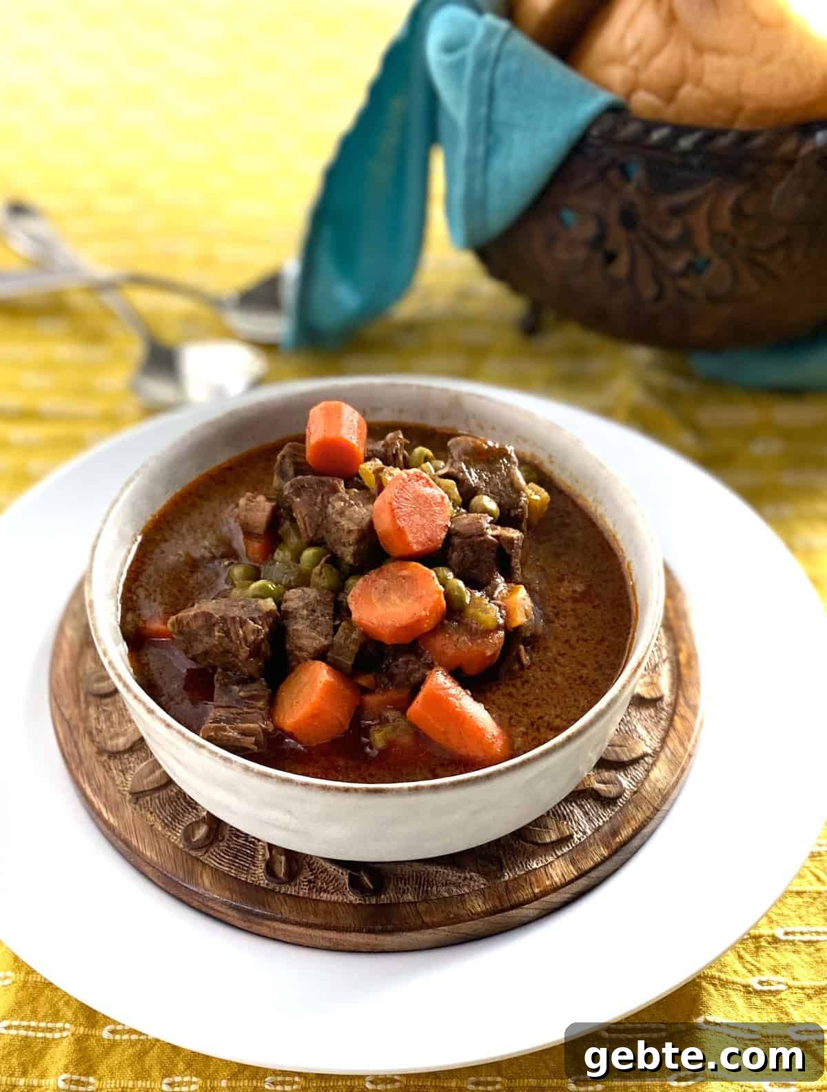 Classic Beef Stew Recipe with Red Wine and Vegetables 2 Beef stew in white bowl.
