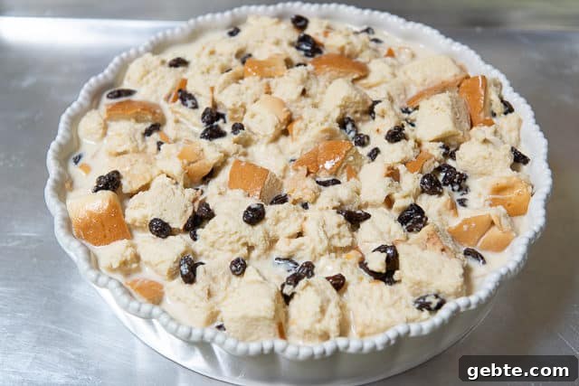 Old Fashioned Bread Pudding Cube Mixture in Pan Ready to bake