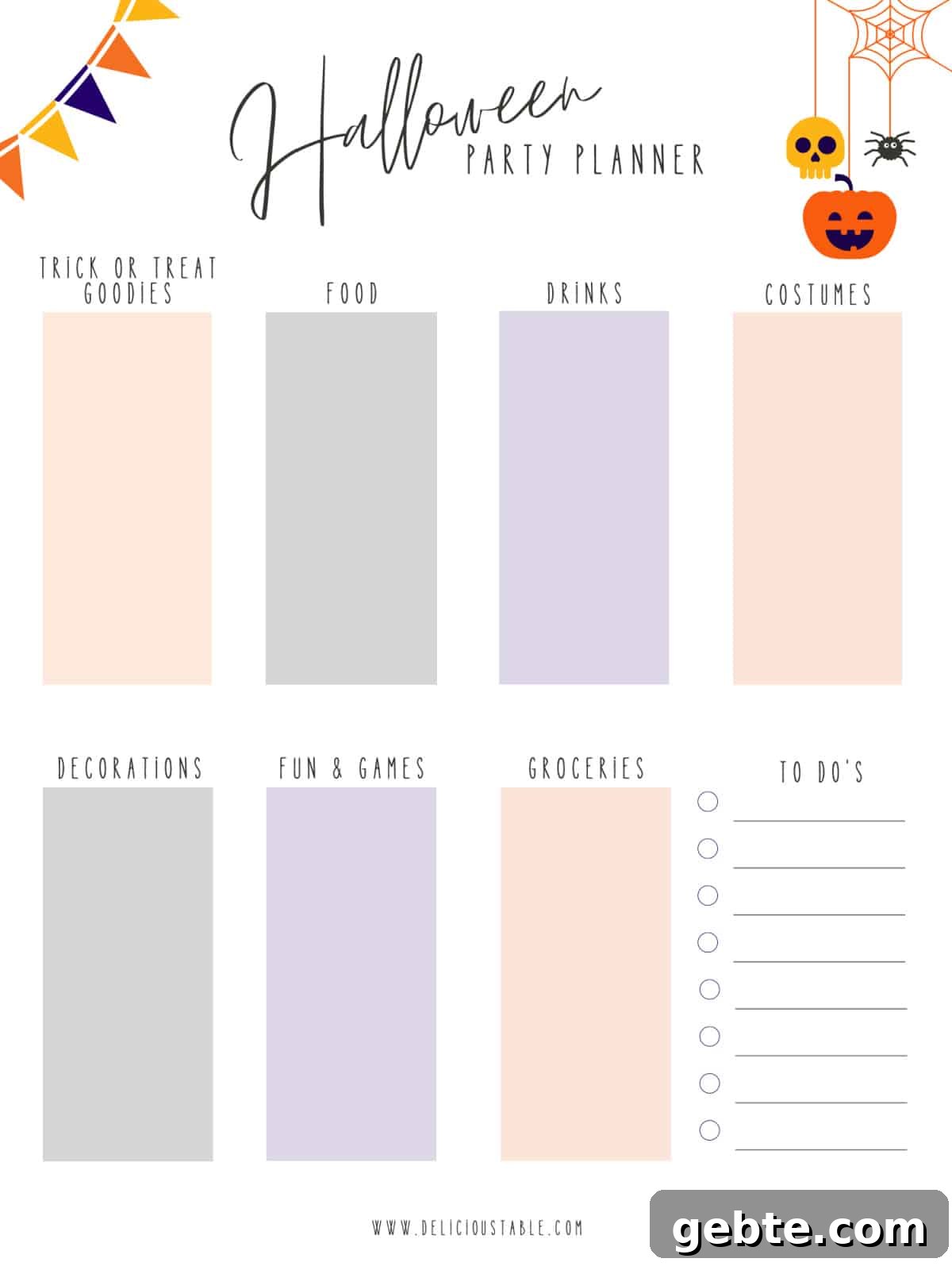 A two page Halloween planner to plan the best food and decorations for a Halloween party.