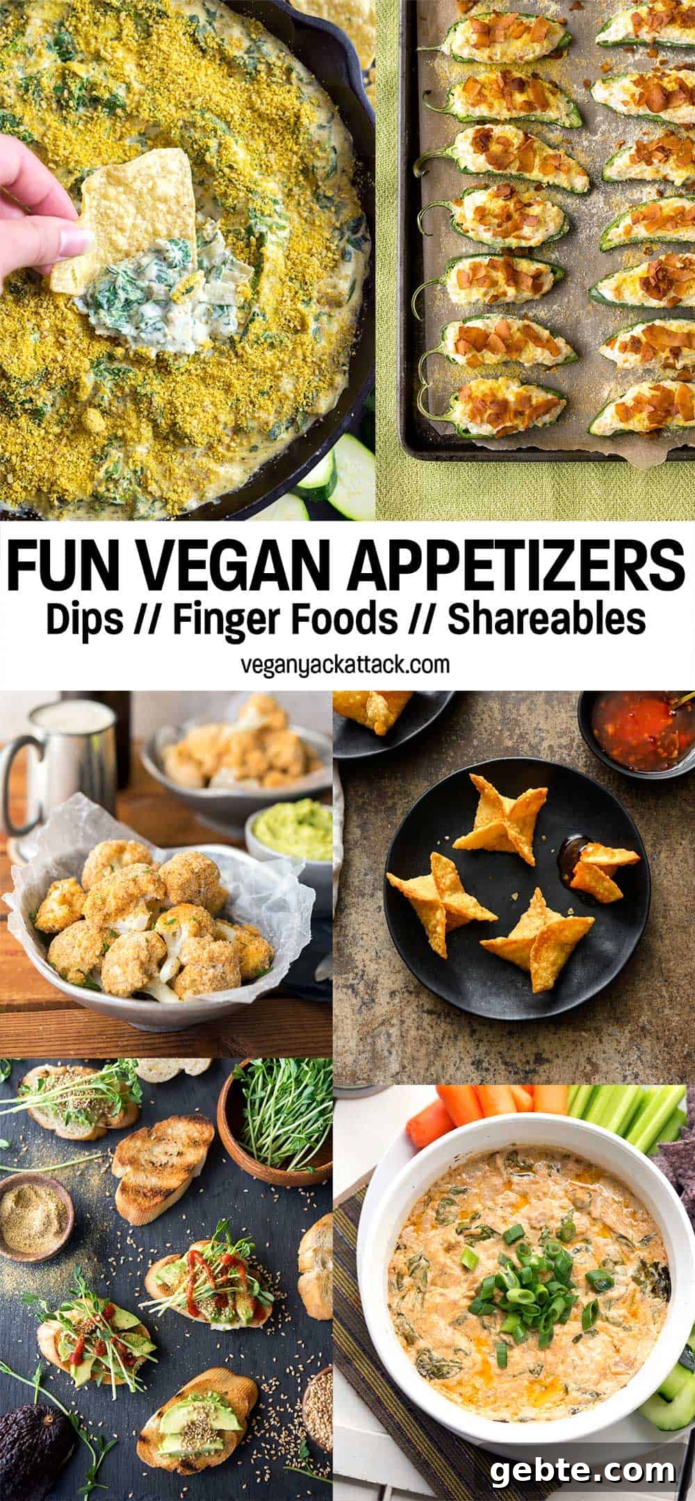 New Year's Eve is around the corner, and what better to serve at your gatherings than some fun, vegan appetizers? In this round up you'll find a variety of dips and finger foods ranging from light eats to the... not-so-healthy. Image collage of several different vegan appetizers with text overlay reading 'fun vegan appetizers'