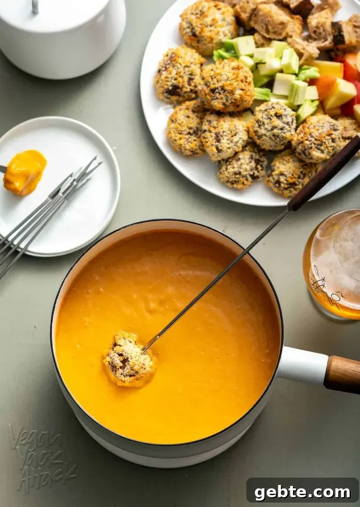 Smoky Vegan Fondue with Breaded Mushroom Dippers