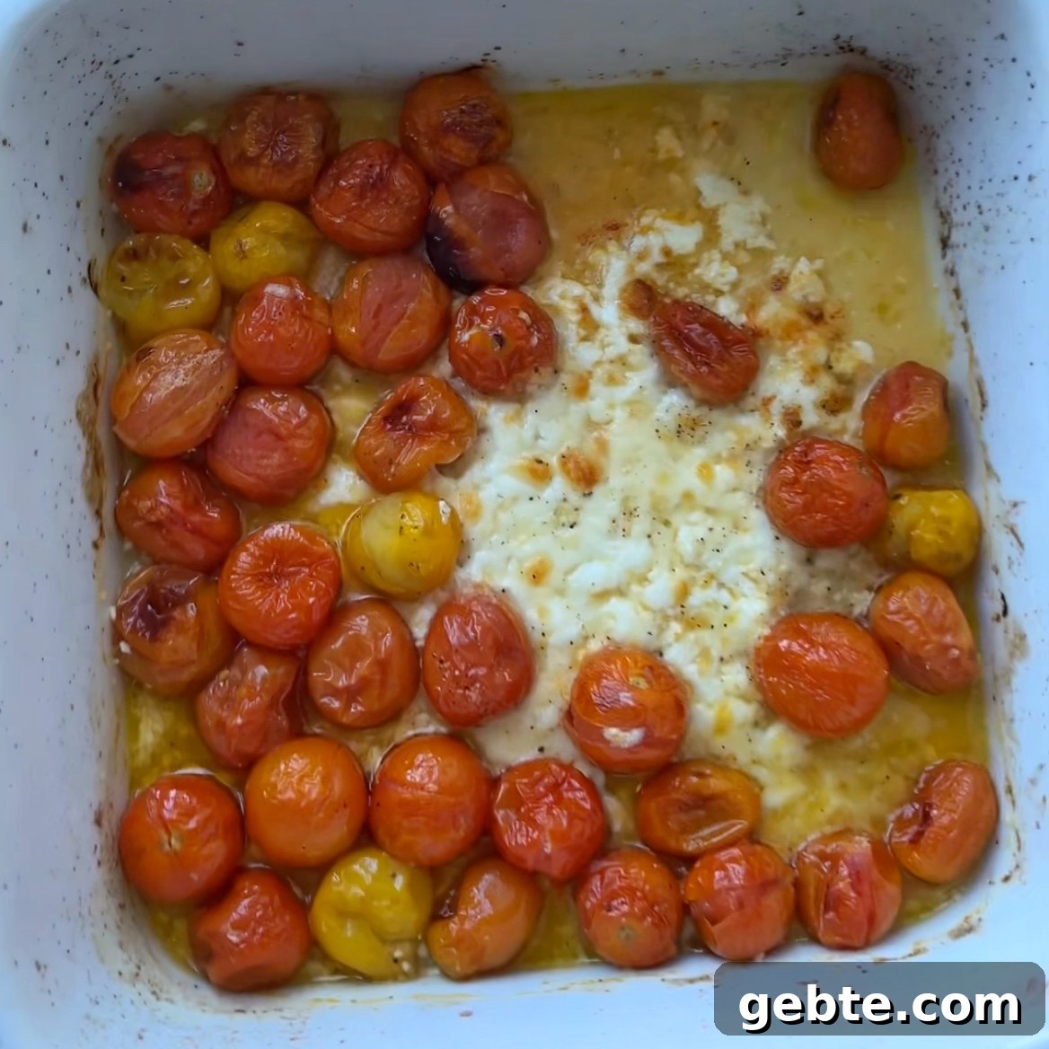Creamy Burrata Pasta with Roasted Cherry Tomatoes 4 Roasted cherry tomatoes and a block of baked burrata cheese in a white baking dish, with olive oil and seasoning.