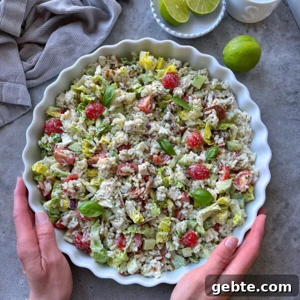 A person holds a round dish filled with a colorful rice chicken salad.