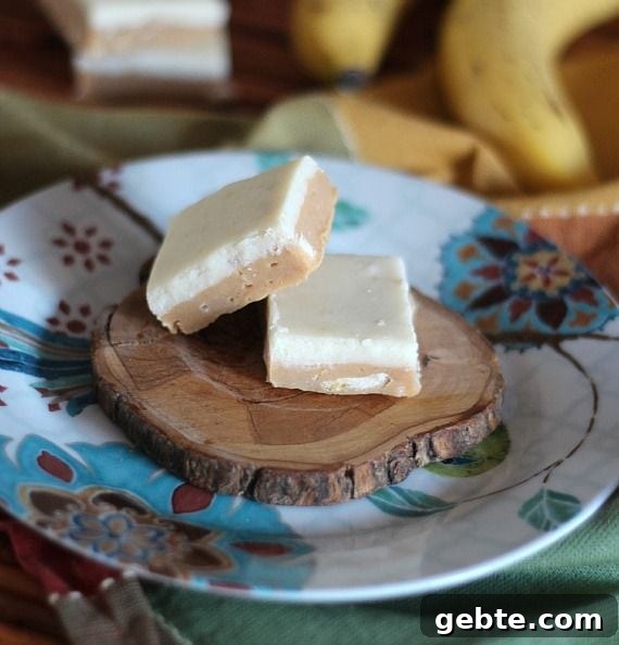Two squares of peanut butter banana fudge on a piece of wood on a plate