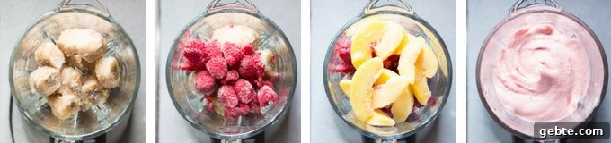 Four-part process shot of how to make raspberry peach ice cream in a blender.
