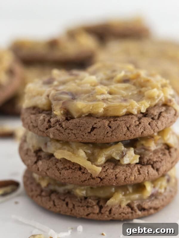 German chocolate cake mix cookies stacked on each other.