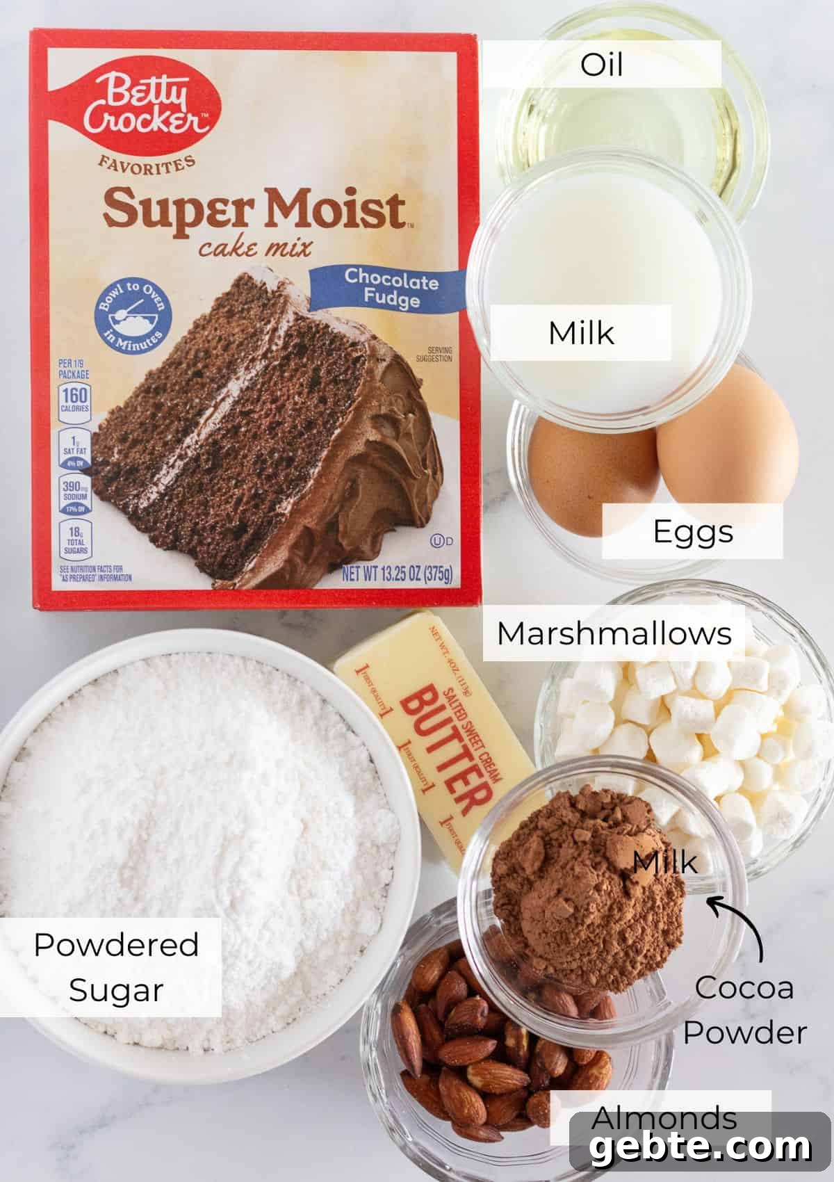 The ingredients needed to make Rocky Road Cookies with a cake mix.